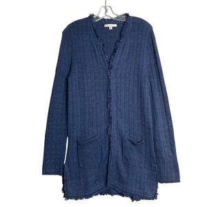 Cabi‎ Cardigan Sweater Womens M Duchess Navy Speckled Fringe Cotton Long Line